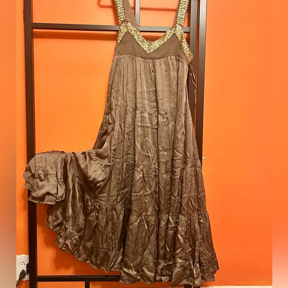 FP Satin Tiered Dress w/ Gold Sequin Straps – Flowy Festival Midi - Picture 2 of 6